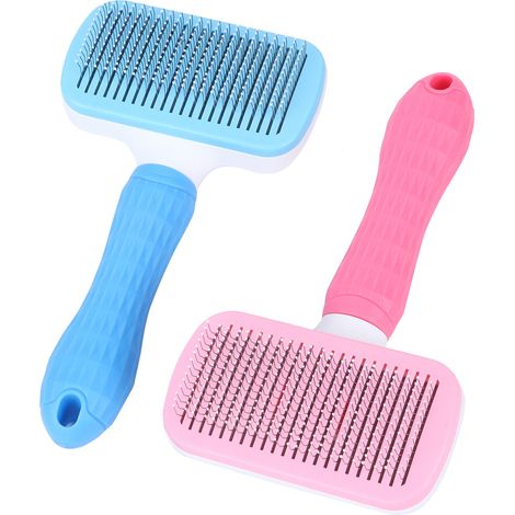 Lot de 2 brosses à poils pour chats et chiens, manche en acier, peigne à aiguilles et particules de massage, rose et bleu (1/5)