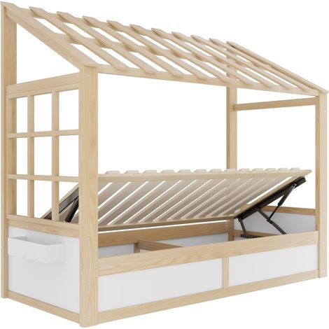 Lit enfant style cottage 90 x 200 cm avec toit, fenêtre et rangement (1/5)