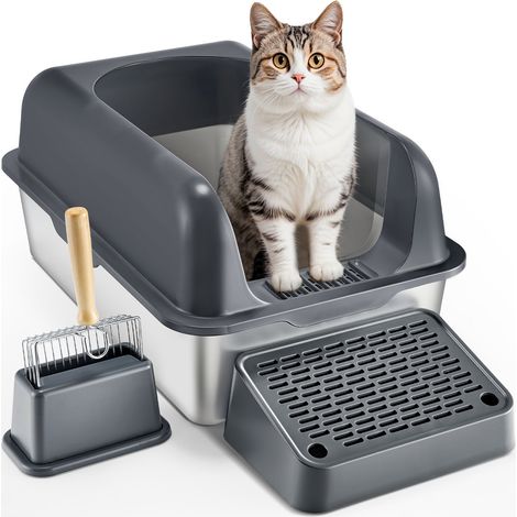 Bac à Litière pour Chat Profondeur 152,4 mm Extra Large en Acier Inoxydable avec Pelle, Repose-pied Filtrant, Côtés Hauts, sans Odeur, Facile à Nettoyer, Adapté aux Grands Chats, Gris Foncé (1/5)