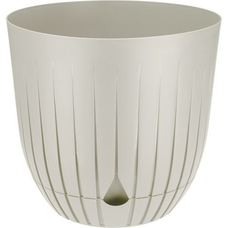 Vaso da fiori in plastica BRITTA con sottovaso, misura 3, diametro 21 cm, motivo a righe e scanalature, plastica, crema, lino, opaco (1/4)