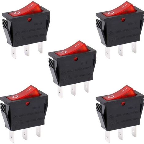 Interrupteur à bascule ON-OFF SPST 3 bornes lumière rouge 16A 250VAC 5 pièces