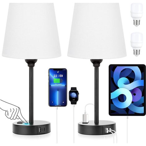 Lampe de chevet tactile avec ports USB-A+C et prise secteur, 2 ampoules, 3 niveaux de gradation, abat-jour en lin blanc, pour chambre, salon, chambre d'enfant, bureau [Classe énergétique F]