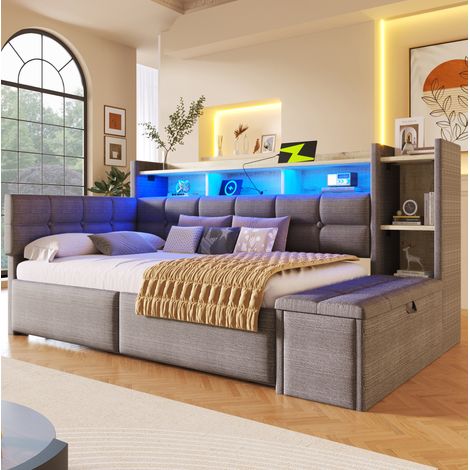 Cama diván 90 x 190 cm con 2 cajones, LED, USB/Type-C, terciopelo gris oscuro, OKWISH (1/5)
