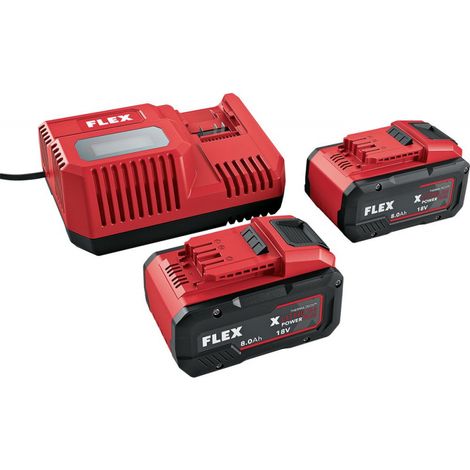 Flex – Pack chargeur rapide 12 V / 18 V avec 2 batteries 18 V – 8,0 Ah chacune – Autonomie prolongée pour outils électroportatifs