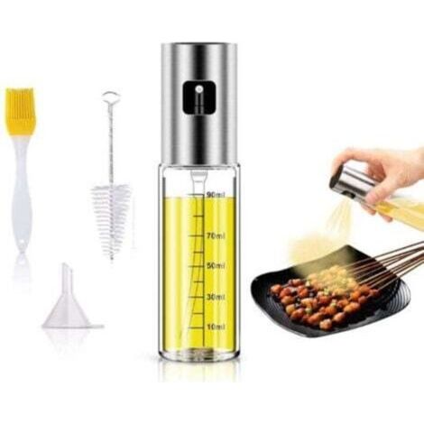 Vaporisateur Huile Cuisine 100ML avec Échelle, Acier Inoxydable & Verre Sans BPA, Pulvérisateur Huile d'olive Uniforme + Entonnoir, Brosse Nettoyage pour BBQ/Cuisine Sain (1/4)
