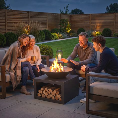 Bac à feu rond noir Ø59 cm, support de rangement bois, crochet, compatible bois et charbon pour extérieur (1/5)
