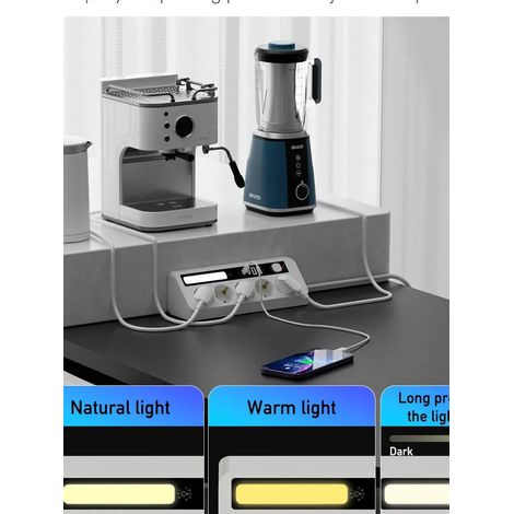 Prise multiple angulaire 1,5m avec chargeur USB et Type-C, multiprise parafoudre, câble d’alimentation 1,5 mètre, bloc de prises mural avec ports USB-C, adaptateur secteur encastrable, 1 pièce. (1/5)