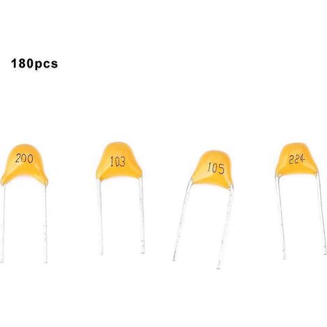 Lot de 180 condensateurs monolithiques de 20 pF à 1 µF 50 V, comprenant 18 condensateurs différents avec un pas de broche de 5,08 mm.