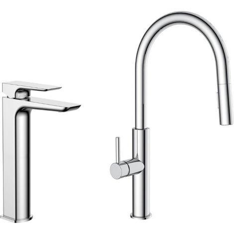 Set miscelatore lavabo alto, senza scarico + miscelatore cucina con doccetta estraibile a 2 getti, cromato (SATBSBD285)
