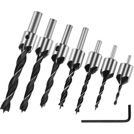 7 pcs Foret Bois Carottage Chanfrein Mèche à tête fraisée avec fraisage et butée de profondeur Jeu de forets à fraiser 90°Mèches à bois hélicoïdales (3-10 mm) (1/4)