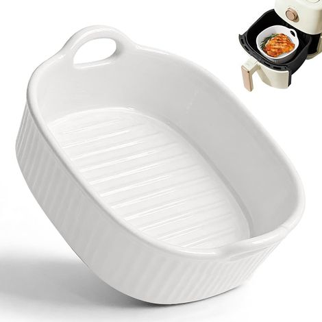 Plat à gratin en céramique pour Airfryer et four - Plaque de cuisson avec chaleur uniforme, passe au lave-vaisselle et empilable - Moules en céramique avec poignées, four et micro-ondes - Blanc (1/5)