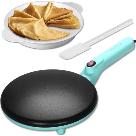 Crepiere Electrique, Poele a Crepe, Fabricant Instantané de Crêpes Avec Poignée, Machine à Crêpes Électrique, Surface de Cuisson Anti-Adhérente 20 cm de diamètre, Bleu-vert