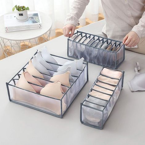 Schubladenorganizer für Unterwäsche, 3er-Set faltbare Aufbewahrungsboxen aus Vliesstoff, Kleiderschrank-Organizer für BHs, Socken, Schals, Schubladeneinteiler (Grau) (1/4)