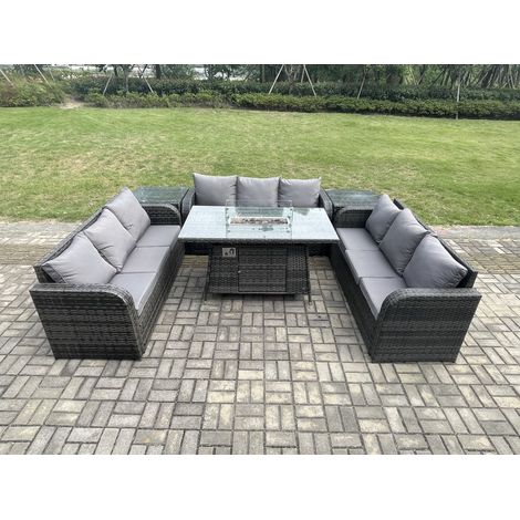 Fimous Rattan Furniture Garden Dining Set Gas Fire Pit Table With 2 Side Tables Lounge Sofa Dark Grey Mixed (1/5)