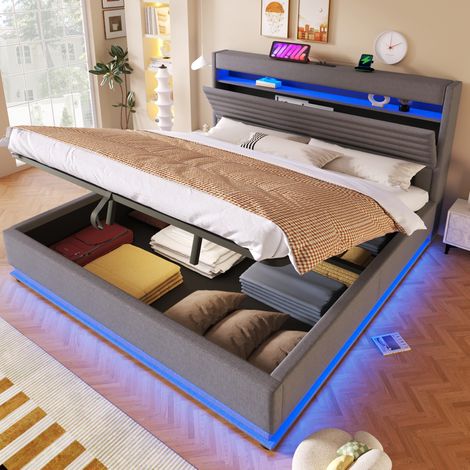 Bett Polsterbett Stauraum 180x200 LED Leinen HAVRYA (1/5)