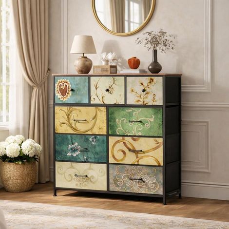 Kommode mit 9 Stoffschubladen, Metallrahmen, Holzplatte, schmaler Sideboard TV Schrank im Landhausstil (1/5)