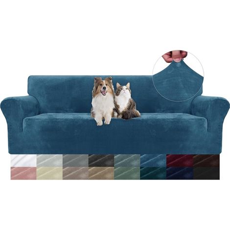 Housse de canapé en velours 3 places(180-230cm), sofa cover extensible, bleu paon (1/5)