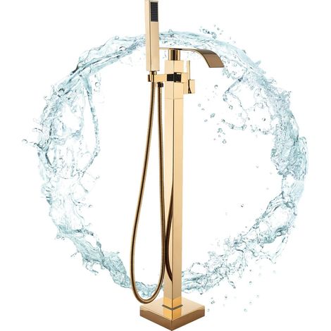 Suguword – Mitigeur de baignoire autoportant – Bec pivotant 360° – Robinet cascade avec douchette – Finition or poli (1/5)