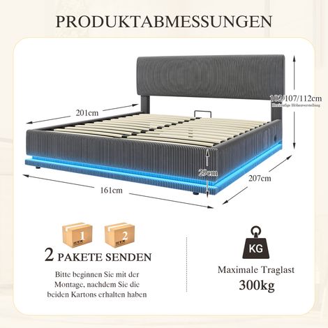 Lit moderne en velours gris 160x200 cm, tête de lit ajustable et rembourrée, éclairage LED intégré, ports USB-C, sommier à lattes robuste, espace de rangement spacieux sous le cadre (1/4)