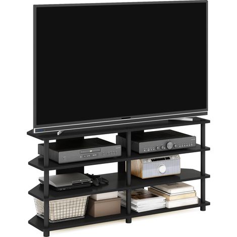 Meuble TV d'angle À 4 Niveaux, Compatible avec Les Téléviseurs Jusqu'À 55 Pouces, Montage Facile, Idéal pour Le Salon Ou La Chambre, Finition Bois Noir. (1/5)