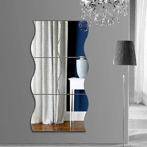 Miroir mural autocollant, lot de 6 stickers muraux miroir argentés, miroir mural en plastique ondulé à poser soi-même pour la décoration de la maison ou du bureau (argenté) (1/3)