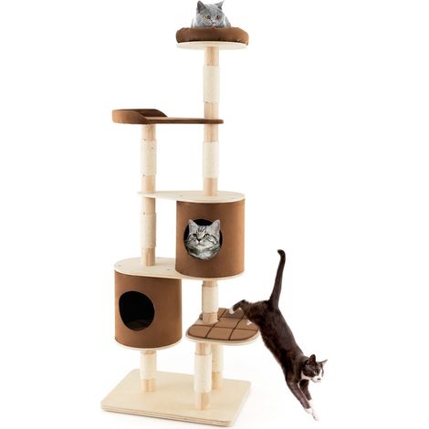 6-Tier Cat Tree 190 cm Rubber Wood Cat Tower Furniture W/ Sisal Scratching Posts (1/5)
