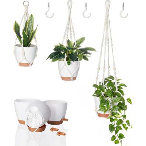 Suspension Macramé 3 Pièces, Pot Suspendu Intérieur avec Fleurs Légers, Support Décoratif pour Maison et Balcon (Blanc, 3 Pots) (1/5)
