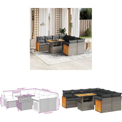 Salon de jardin 9 pcs avec coussins gris résine tressée - Salon De Jardin - Mobilier Extérieur - Set Salon - Résine Tressée - Rotin Synthétique - Home & Living (1/3)