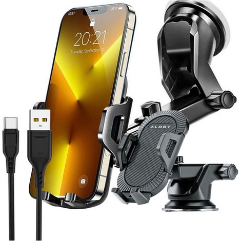 Supporto per telefono da auto Alogy 3 in 1 per auto, per parabrezza, per griglia, per cruscotto, abitacolo, nero + cavo USB-C 2.4A 1m (1/4)