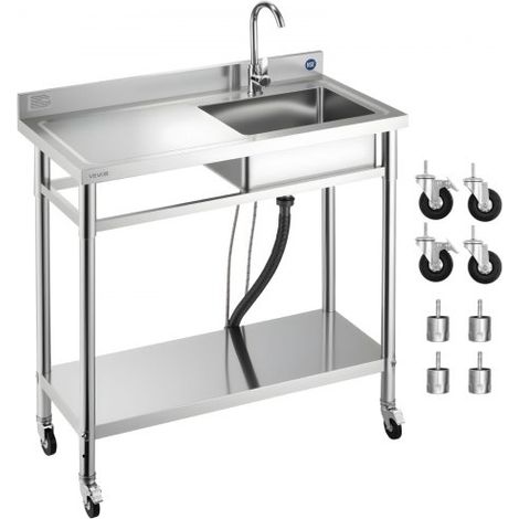 Spültisch Spülbecken Edelstahl (1000 x 500 x 1055 mm), Einzelbecken mit Wasserhahn & Rädern, Küchenspüle für Garage Restaurant Wäscherei, Waschtisch Außenspüle mit Arbeitsplatte (links) (1/5)
