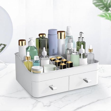 Organisateur de maquillage grande capacité pour soins cosmétiques avec 2 tiroirs, idéal pour ranger bijoux, pinceaux, rouges à lèvres, fards à paupières et lotions. (1/5)