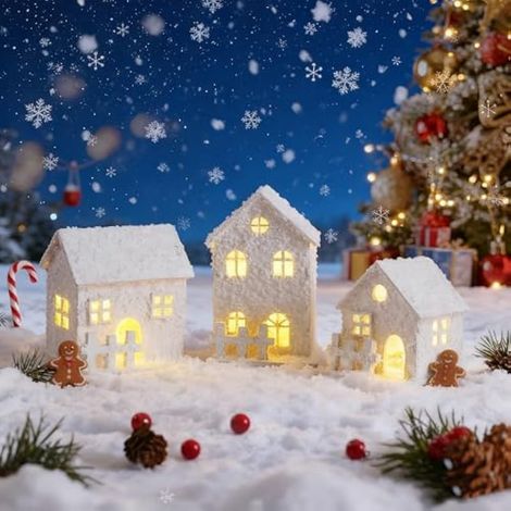 Ensemble de 3 pièces de village de Noël en bois, maison miniature, maison enneigée blanche, mini décoration de Noël lumineuse LED à piles, petit accessoire, veilleuse anime, cadeau d'hiver (1/4)
