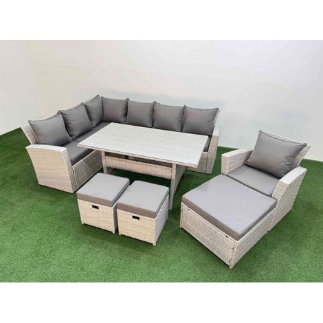 Fimous 10 Seater Rattan Garden Furniture Set Outdoor Patio Dining Corner Sofa Sets with Dining Table Chair 3 Footstools Light Grey Mixed (1/5)