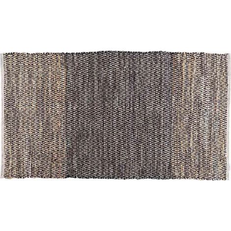HOMESCAPES Grey Recycled Leather Handwoven Herringbone Rug, 66 x 200 cm (1/3)