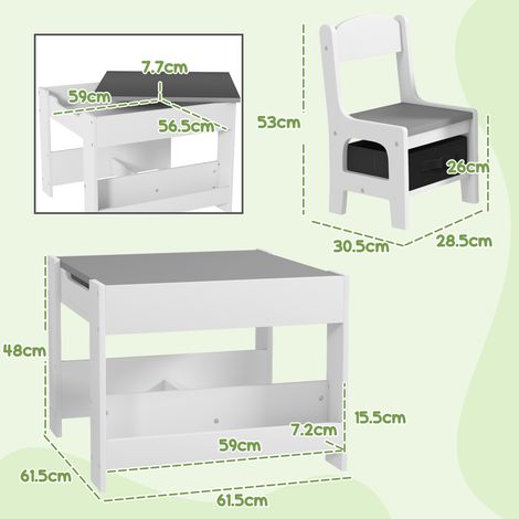 Table enfant et 2 chaises, plateau 3 en 1 avec tableau noir et rangement, gris (1/5)