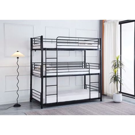 Homy France – Lit superposé 3 étages noir 90x190 cm – Structure métal épais – Accès réversible – Garde-corps et échelle robustes