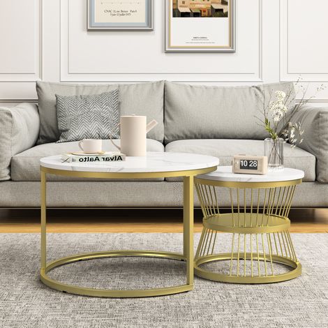 Lot de 2 tables basses gigognes rondes – Effet marbre blanc – Cadre métallique doré – Pieds antidérapants gain de place – Design chic idéal salon chambre bureau