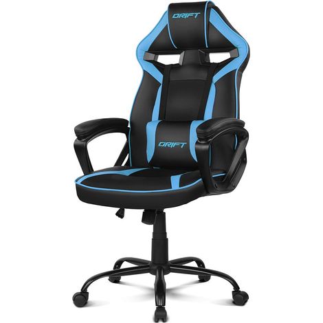 Chaise Gaming DR50L Chaise pour joueurs, Similicuir, Accoudoirs rembourrés, Piston classe 4, Mécanisme basculant, Hauteur réglable, Dossier inclinable, Coussin lombaire, Noir/Bleu (1/5)