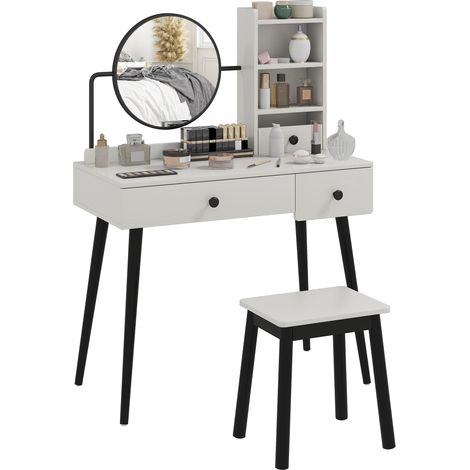 Grey Dressing Table Set with Mirror and Stool,Vanity Makeup Table with 3 Drawers and Open Shelves for Bedroom and Living Room