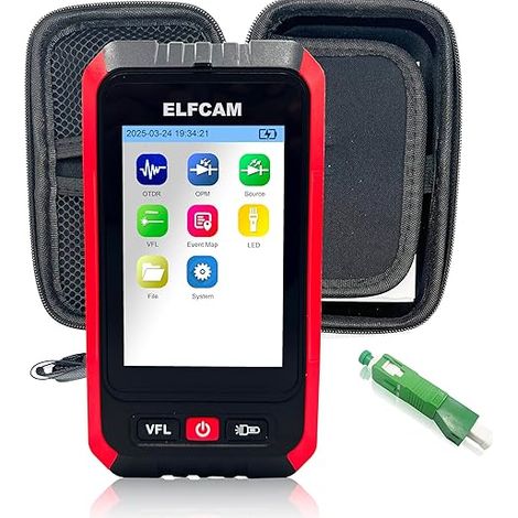 Elfcam – Mini OTDR monomode 1310nm/1550nm 22dB/20dB jusqu’à 60km – Photomètre OPM et VFL – Écran tactile 3,5 pouces – Adaptateurs SC/APC vers LC/APC