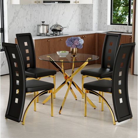 Ensemble table à manger ronde 88 cm en verre trempé noir et doré, 4 chaises, petit espace – MEUBLIV (1/5)