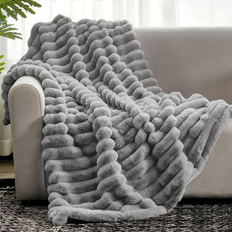Couverture en fausse fourrure pour canapé, chambre, salon, confortable et chaude, à rayures, 180 x 200 cm, gris (1/4)