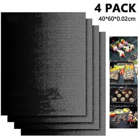 Ensemble de 4 tapis de cuisson antiadhésifs pour barbecue, comprenant des tapis extra larges et des brochettes en bambou, pour barbecues à gaz et à charbon. Résistants à la chaleur et durables. (1/5)