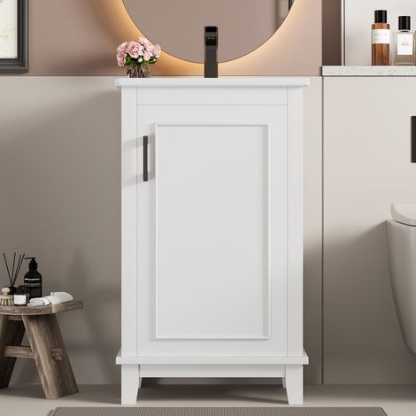 Meuble sous vasque 51x34x83 cm résistant à l'humidité et à l'eau avec vasque,vasque en céramique intégrée-espace de rangement,blanc (1/4)