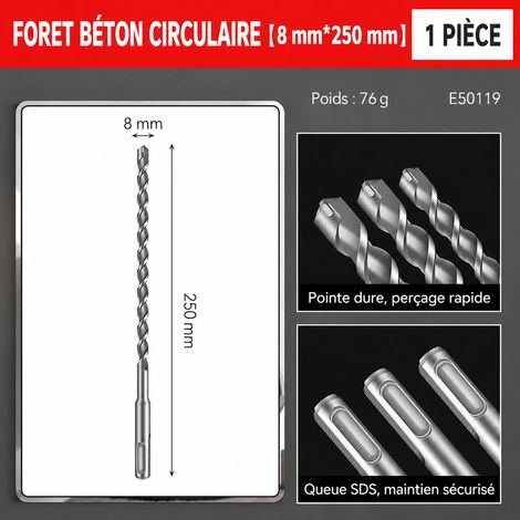 Foret béton haute résistance queue ronde 8 × 250 mm pour perforateur et perceuse à percussion 8 250mm 250 e50119 18 × 15 × 2 cm 76 g – Livraison gratuite