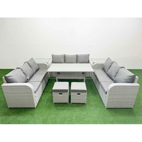 Fimous PE Rattan Lounge Sofa Set 11 Seater Outdoor Garden Furniture Set with Rectangular Dining Table 3 Seater Sofa 2 Stools 2 Side Table Light Grey (1/4)