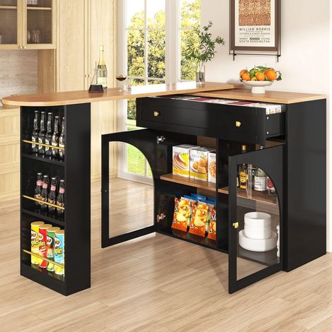 Table de Bar Extensible avec Rangement(138-204×39×104cm), 360° Rotatif Comestible, Table de Bar Mobile Moderne, Haute îlot de Cuisine Bistro,Noir