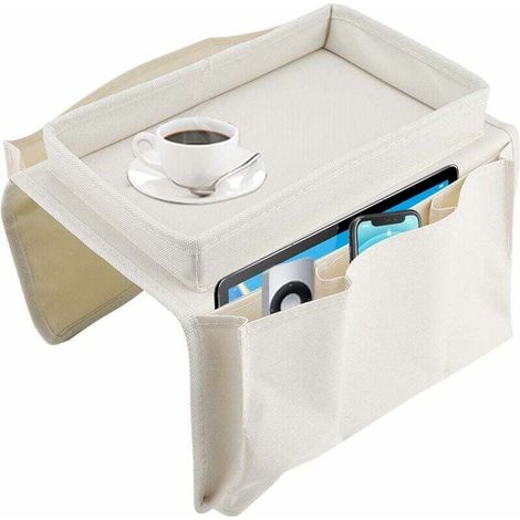 (Beige) canapé accoudoir suspendu TV télécommande organisateur canapé sac de rangement avec porte-gobelet plateau canapé plateau de rangement (1/4)