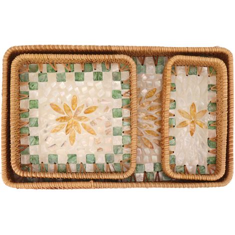 Plateau à fruits rectangulaire en rotin (lot de 3), plateau de rangement multifonctionnel pour la maison et le restaurant, motif treillis vert et feuilles jaunes. (1/5)