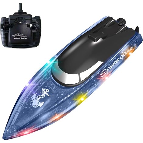 Bateau télécommandé pour enfants avec lumières LED, plus de 100 minutes d'autonomie, mini bateau de course télécommandé haute vitesse 2,4 GHz pour lac/piscine/étang, jouet aquatique pour garçons et fi (1/5)